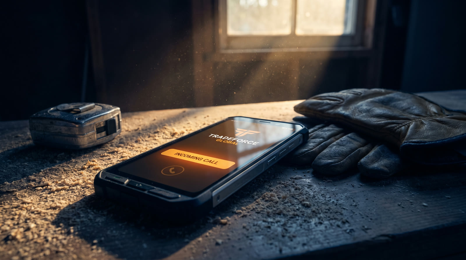 A phone with an incoming call glowing on a dusty workbench next to work gloves and a tape measure